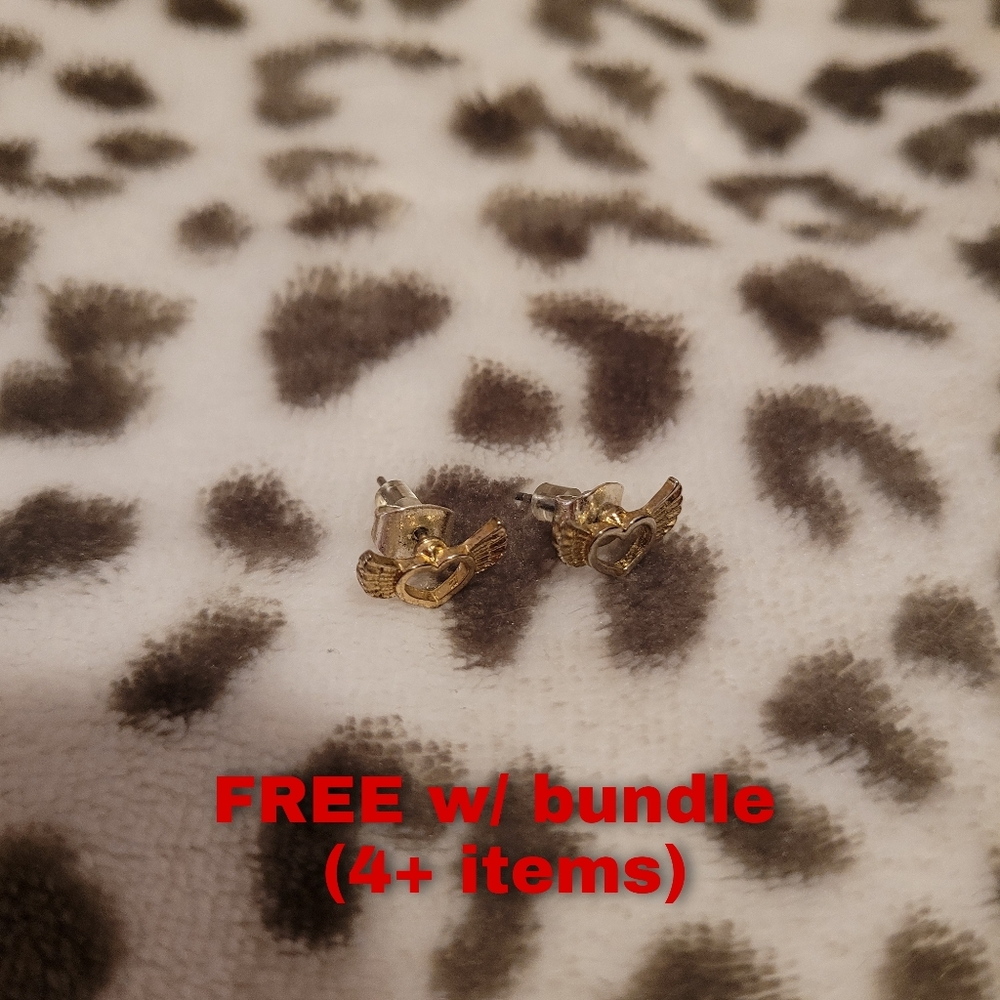 Gold Heart Wings Earrings Flying Heart Angel Studs